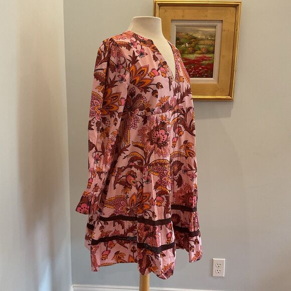 Tuckernuck Pink Ornate Chintz Boho Dress‎ Size L Long Sleeve Tiered Floral NWT - Picture 3 of 11